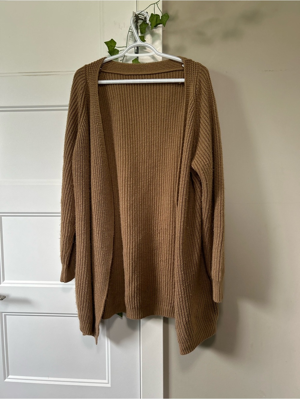 SHEIN Open-Front Ribbed Cardigan in Camel